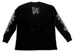 Black long-sleeve shirt with white designs on sleeves and back against a light gray background