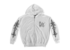 White hoodie with black floral designs on sleeves against a gray background