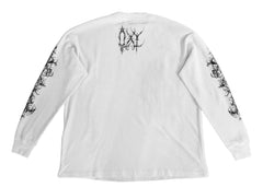 White long-sleeve shirt with black floral designs on a light gray background