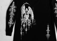 Black long-sleeve shirt with white angel design on a white background