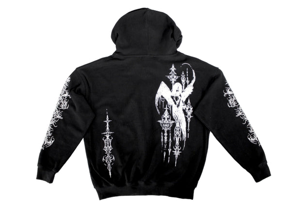 Black hoodie with white angel design on a white background