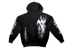 Black hoodie with white angel design on a white background