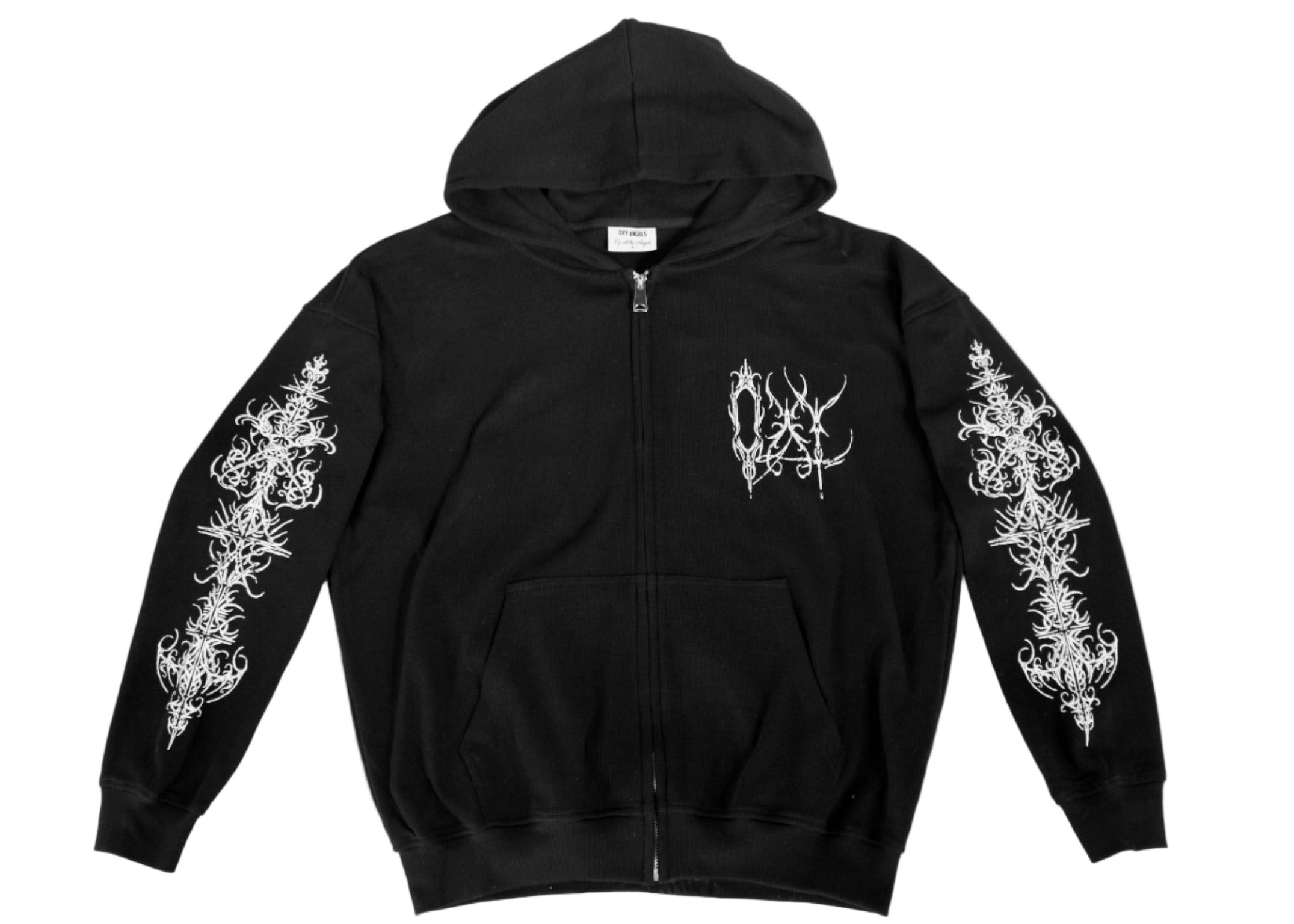 Black hoodie with white designs on sleeves against a white background