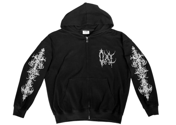 Black hoodie with white designs on sleeves against a white background