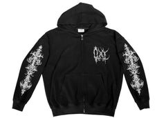 Black hoodie with white designs on sleeves against a white background