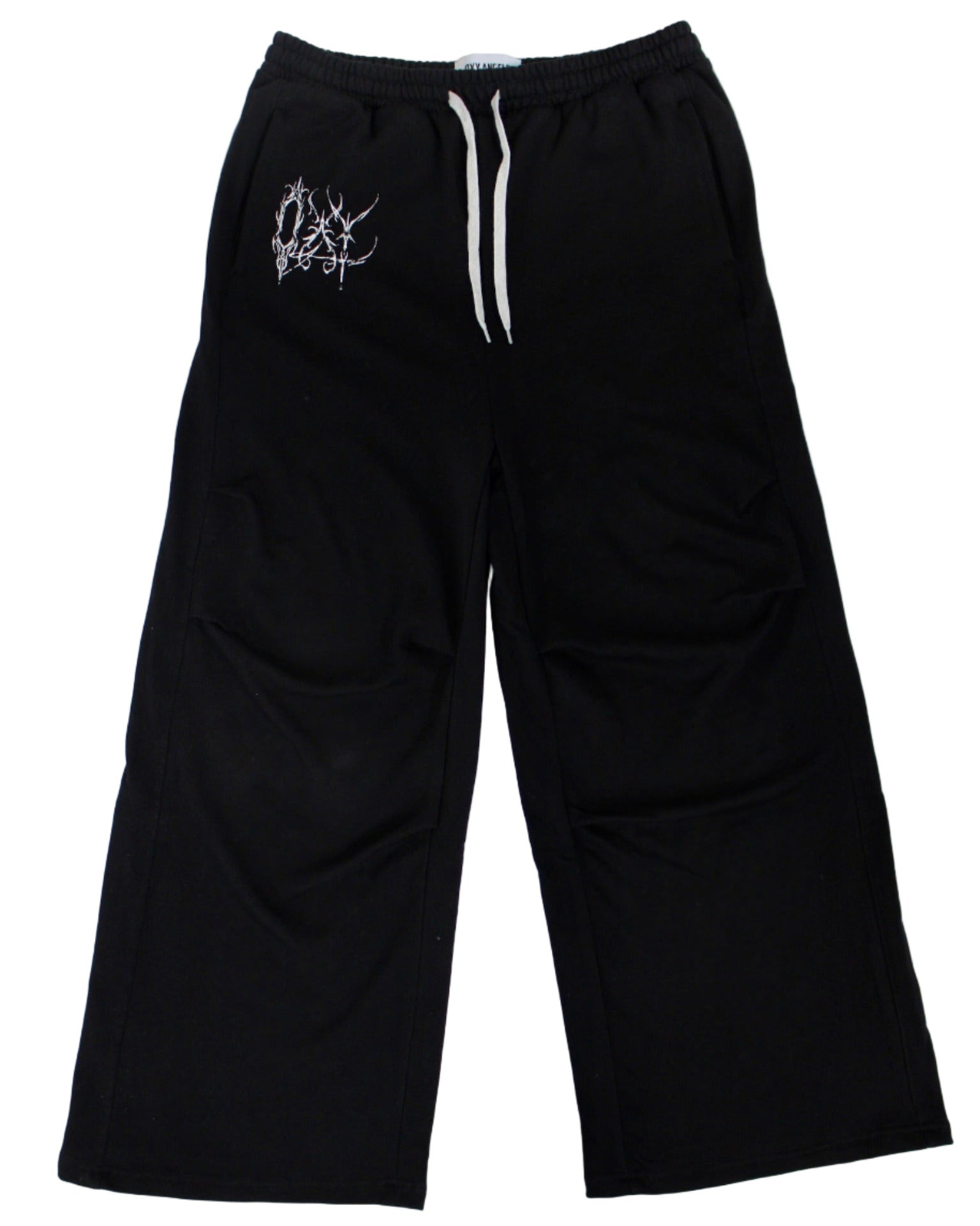 Black sweatpants with a white logo on a white background