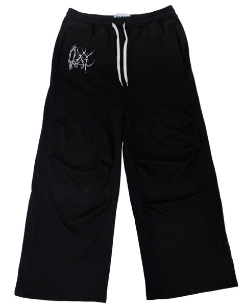 Black sweatpants with a white logo on a white background