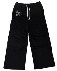 Black sweatpants with a white logo on a white background
