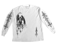 White long-sleeve shirt with black angel design on a light gray background