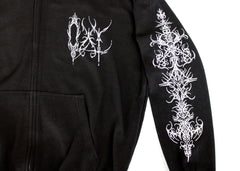 Black hoodie with white intricate designs on the back and sleeve against a white background