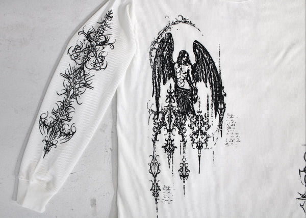 White long-sleeve shirt with black angel design on a light gray background