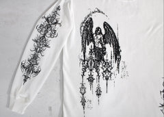White long-sleeve shirt with black angel design on a light gray background
