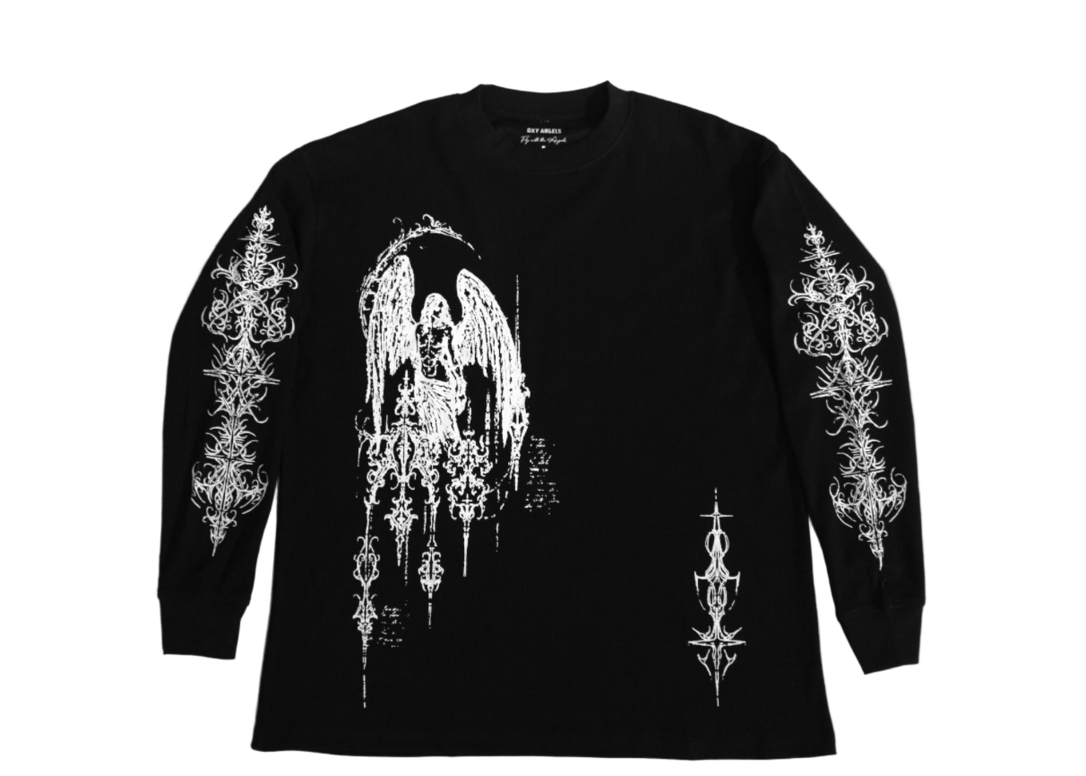 Black long-sleeve shirt with white angel and geometric designs on a white background