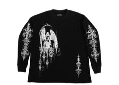 Black long-sleeve shirt with white angel and geometric designs on a white background
