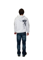 Person wearing a white hoodie with a graphic design on the back against a plain background