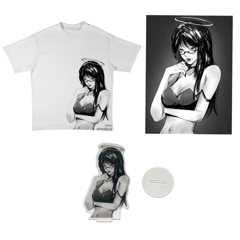 BUNDLE - White Candy Angel Shirt, Poster, and Figure