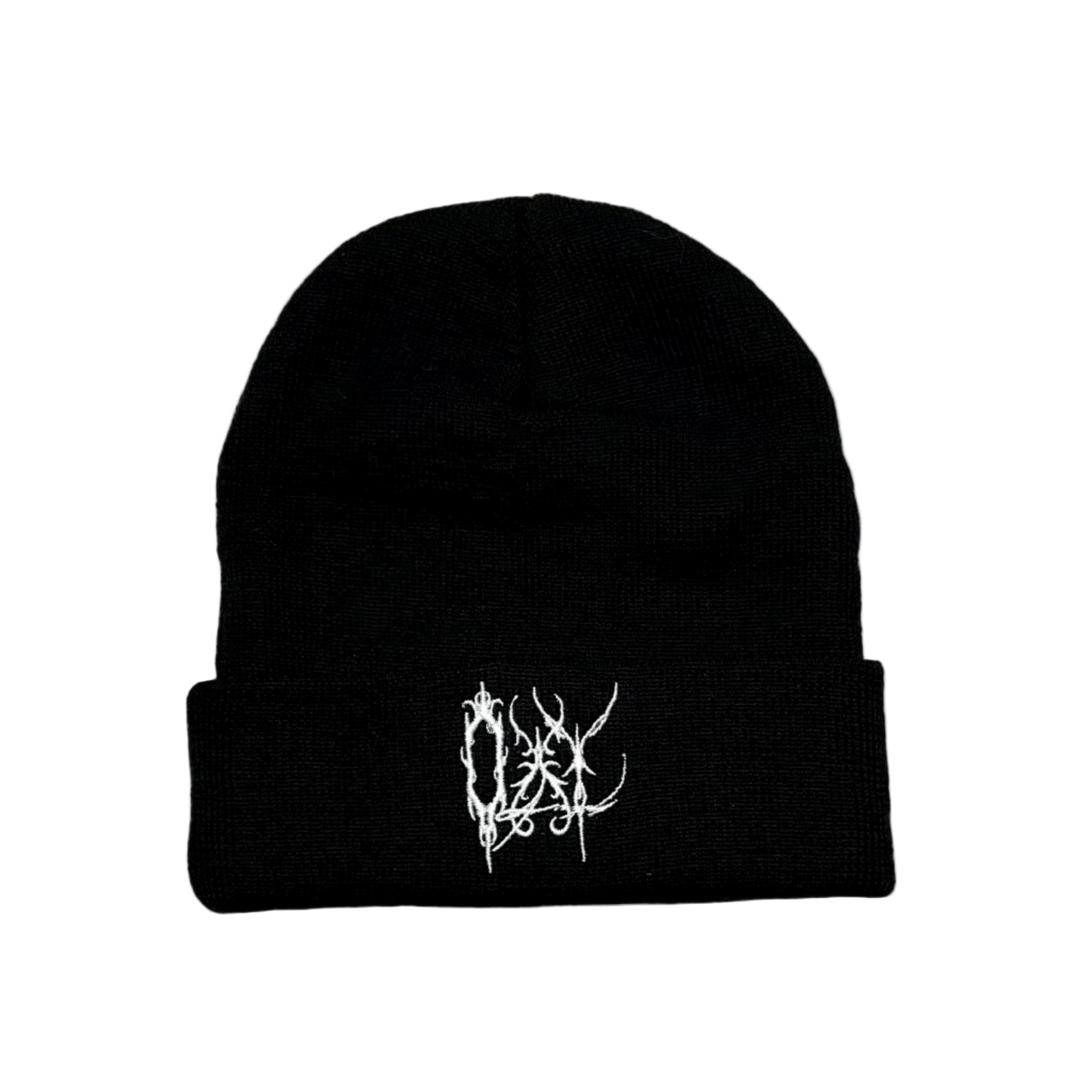 Black beanie with white logo on a light gray background