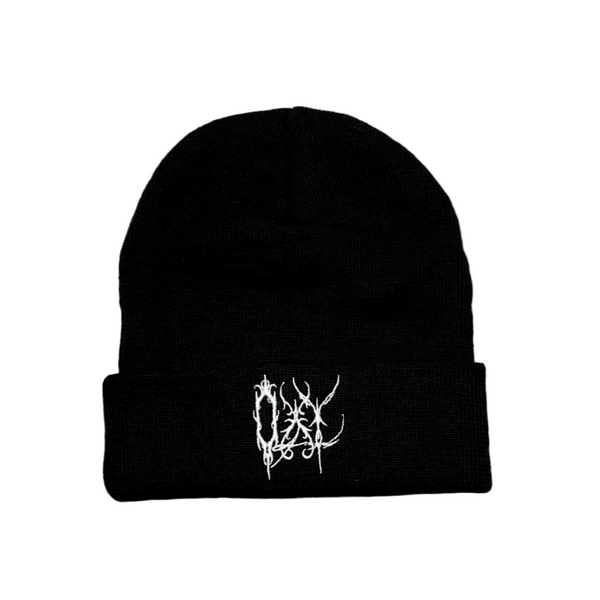 Black beanie with white logo on a light gray background