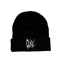 Black beanie with white logo on a light gray background